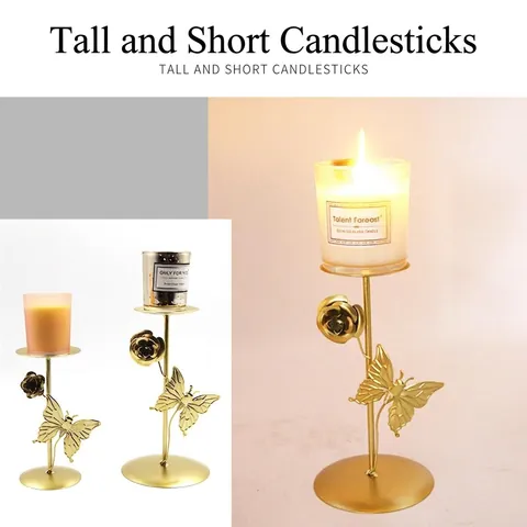 Gold Metal Candle Holder Decorative Butterfly Rose Flower Tabletop Centerpiece Wedding Home Decor Candlestick