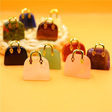 Ciondolo A Forma Di Mini Borsa Pietra Di Cristallo Naturale Gemma Charm Borsa Con Manico In Metallo Dorato Per Gioielli Fai Da Te