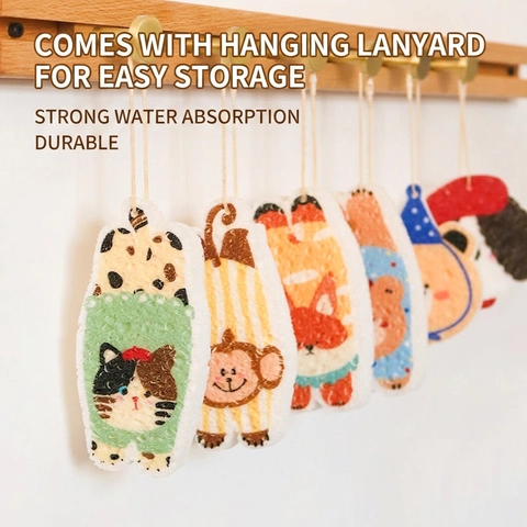 Cute Cartoon Animal Cleaning Sponge Compressed Wood Pulp Cotton Dish Scrubber For Kitchen Absorbent Oil Removal With Lanyard