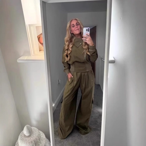 Women Olive Green Zipper Jacket And Wide Leg Cargo Pants Streetwear Casual Polyester Blend