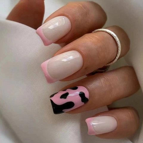 Unghie Finte Press On Rosa French Tip Motivo Muccato Quadrato Europeo Lunghezza Media Per Donne