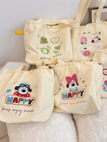 Süße Cartoon Hund Chenille Stickerei Tragetasche Große Kapazität Polyester Canvas Kordelzug Lässige Umhängetasche Für Damen