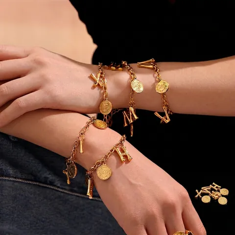 Stainless Steel Bracelet For Women 18K Gold Plated Coin Pendant Alphabet Initial Letter Retro Elegant Link Chain