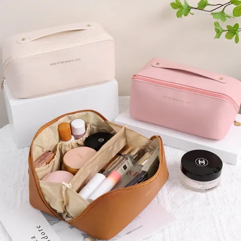 Large Capacity PU Leather Makeup Bag With Handle Portable Travel Cosmetic Organizer Minimalist Multilayer Storage Pouch