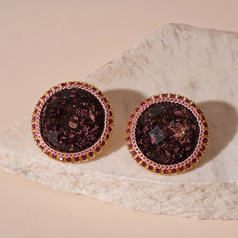 Orecchini A Bottone Rotondi Vintage Lega Resina Foglia D'oro Strass Rosa Con Perno In Argento Gioielli Stile Francese Donna