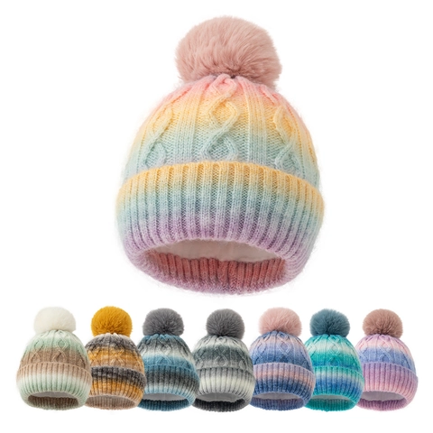Winter Warm Knit Hat Women Men Gradient Color Thick Fleece Lined Beanie With Artificial Fur Pom Pom Soft Acrylic Cap