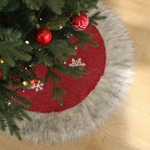 Falda De Árbol De Navidad Roja Fieltro Patrones Copos Nieve Ribete Peluche Piel Sintética Decoración Fiesta