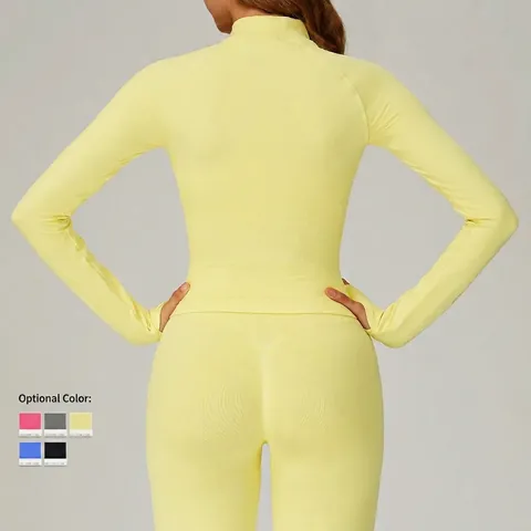 Chaqueta De Yoga Sin Costuras Cuello Alto Cremallera Top Deportivo Agujeros Para El Pulgar Ajuste Ceñido Gimnasio Mujeres