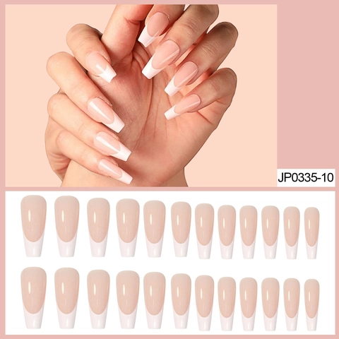 Unghie Finte French Tip Lucide Forma A Bara Lunga Ballerina Rosa Nude E Bianco Copertura Completa Decorazione Manicure