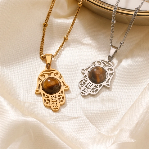 Hamsa Hand Fatima Hand Anhänger Halskette Für Damen Kupfer Tigerauge Stein Zirkonia Hip Hop Ethnisch Schmuck Gold Silber Ton Geschenk