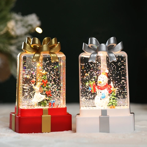 Weihnachten LED Wasserlaterne Schneekugel Beleuchtete Geschenkbox Ornament Mit Wirbelndem Glitzer Für Feiertag Tischdeko