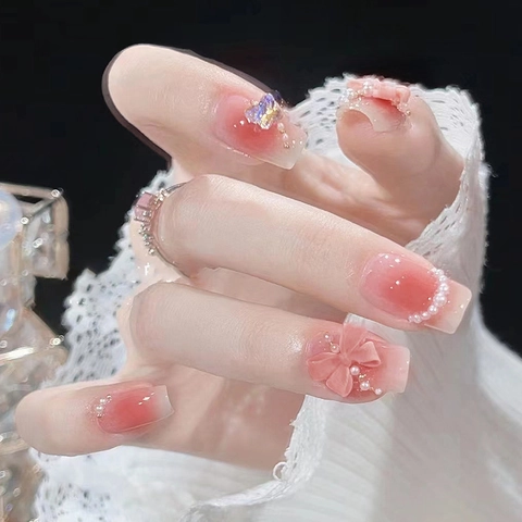 Pink Ombre Press On Nails With Bow And Artificial Pearl Butterfly Decor Sweet Elegant Artificial Fake Fingernails For Women
