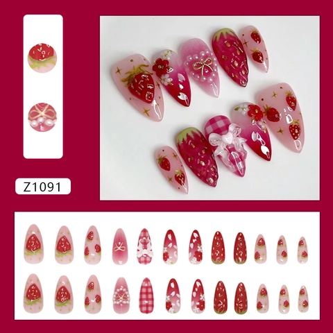 Press On Nails Fraise 3D Künstliche Perle Noeud Coeur Carreaux Plastique ABS Amovible Doux Faux Ongles Pour Femmes