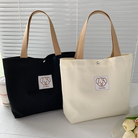 Piccola Borsa A Mano In Tela Con Stampa Cane Cartoon E Bottone In Metallo Mini Borsa Tote Portatile Per Donne Uso Quotidiano