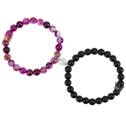 Ensemble De Bracelets Attractifs Magnétiques Pour Couple Pierre Naturelle Perles Alliage Couronne Cœur Élastique Cadeau