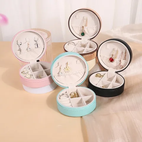 Joyero De Viaje Portátil Redondo De Cuero PU Mini Organizador De Joyas Para Anillos Pendientes Collares Con Cremallera