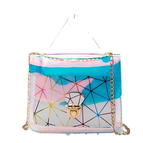 Umhängetasche Handtasche Holografisch Irisierend Transparent PVC Geometrisches Muster Metallkette Schloss Damen