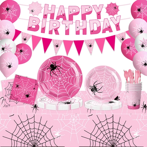 Decorazione Festa Ragnatela Rosa Piatti Carta Bicchieri Tovaglioli Striscione Palloncini Halloween Compleanno Tema Forniture