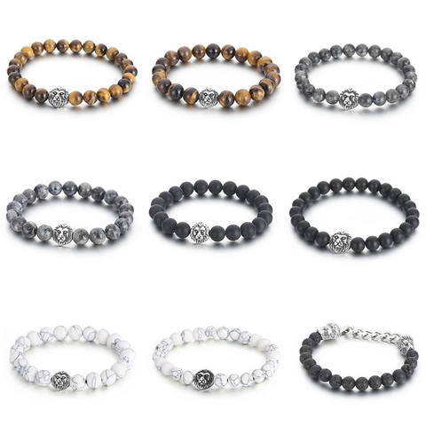 Men Beaded Bracelet With Natural Tiger Eye Stone Lava Rock Howlite Beads Vintage Punk Lion Head 316L Stainless Steel
