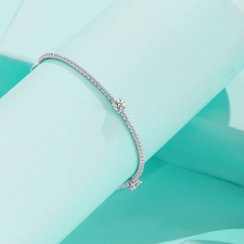 Bracciale Tennis in Argento Sterling S925 Moissanite da Donna Scintillante Zirconia Geometrico Catena a Maglie Tonde Gioielli Eleganti