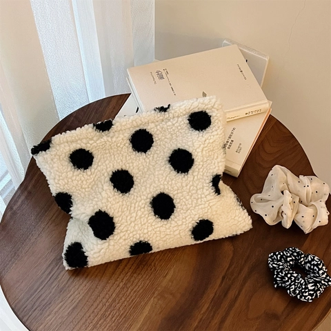 Borsa Trucco In Peluche A Pois Lana D'agnello Organizzatore Cosmetici Pochette Con Cerniera Portatile Per Donna