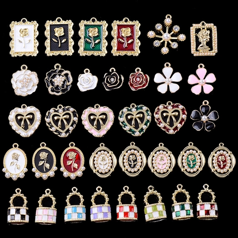 Vintage Emaille Legering Bedeltjes Roos Bloem Hart Strik Kunstparel Strass DIY Sieraden Maken Hangers Voor Accessoires