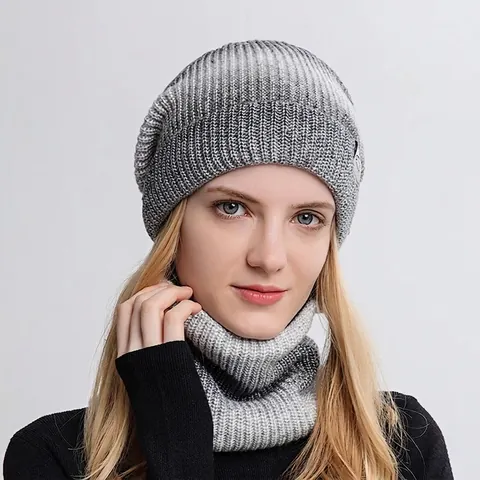 Berretto In Maglia E Sciarpa Sfumata Ombre Foderata In Pile Spesso Termico Inverno All'Aperto Accessori Da Donna