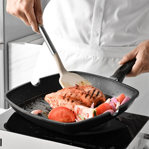 Ensemble d'Ustensiles de Cuisine en Silicone et Acier Inoxydable Avec Support Outils de Cuisine Antiadhésifs Résistants à la Chaleur Spatule Louche Pinces Fouet Pinceau