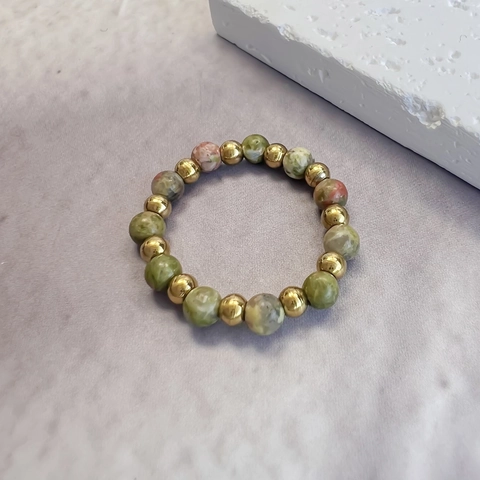 Elastic Beaded Ring Natural Unakite Stone Stainless Steel Heart Shell Charm Bohemian Handmade Adjustable Jewelry Women