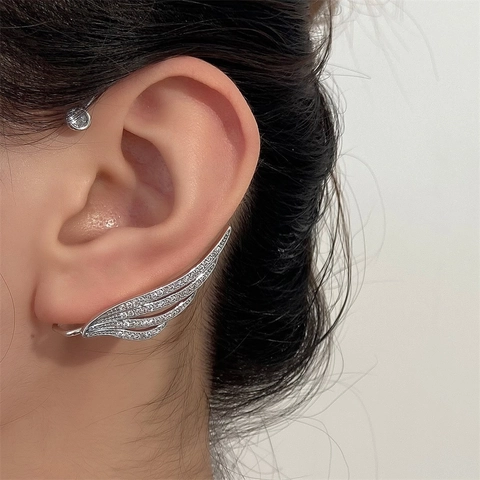 Elegant Copper Butterfly Wing Feather Ear Hook Cuff Earrings Full Rhinestone No Piercing Fairy Ear Wrap Jewelry For Women