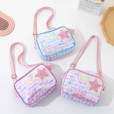 Kinder Glitzer Herz Stern Umhängetasche Mit Regenbogen-Gurt Mädchen Niedliche Fließende Pailletten Tasche Cartoon Geschenk