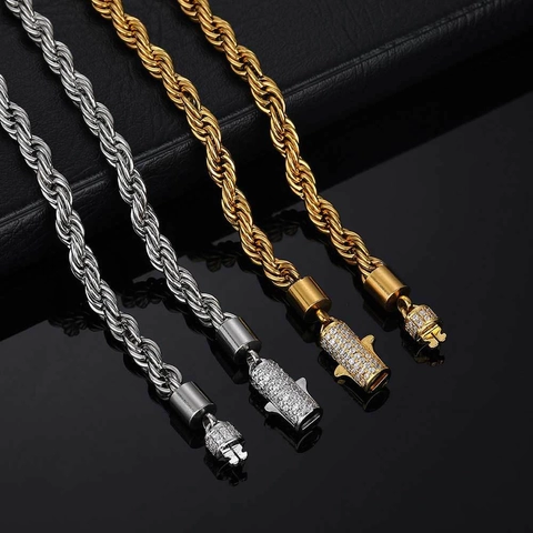 Collar Y Pulsera Cadena De Cuerda Acero Inoxidable Cierre Circonita Cúbica Hip Hop Streetwear Hombres Mujeres Joyería De Moda