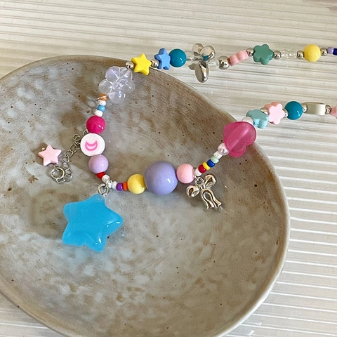 Bunte Perlenkette Acryl Blume Herz Stern Legierung Anhänger Y2K Süßer Cool Style Schmuck Für Frauen Mädchen