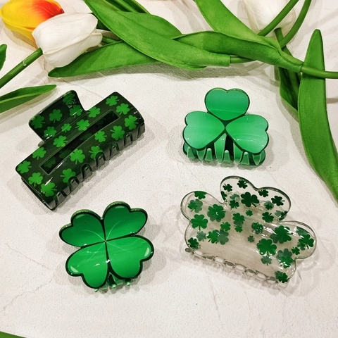 Clover Hair Claw Clip Green Acrylic Fresh Style Non-Slip Shark Hair Clamp Headwear For Women Girls