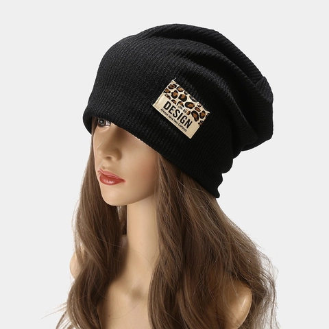 Slouchy Knit Beanie Hat Ribbed Leopard Patch Design Windproof Warm Casual Streetwear Headwear
