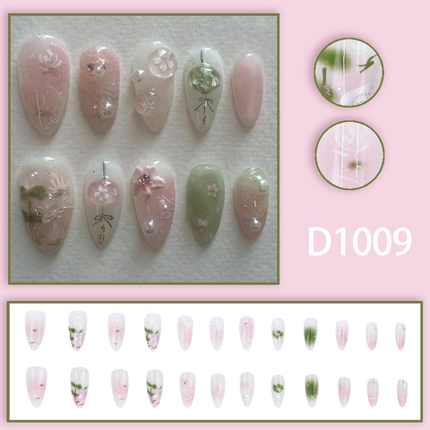 Handgemaakte Amandel Opdruk Nagels Roze Groen Verloop 3D Reliëf Bloemen Kunstparel Elegante Chinese Stijl Manicure Nageltips