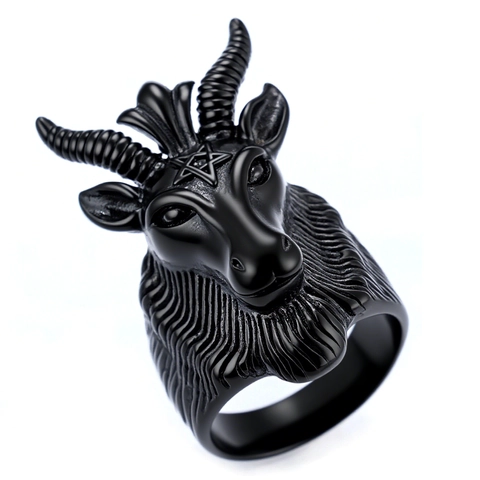 Anello Testa Di Capra Baphomet Acciaio Inossidabile Pentacolo Retro Gothic Punk Per Uomo