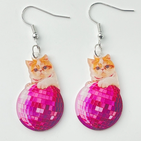 Süße Katzen Ohrhänger Acryl Mit Eisenhaken Pinke Discokugel Mond Alien UFO Neuheit Schmuck Für Damen