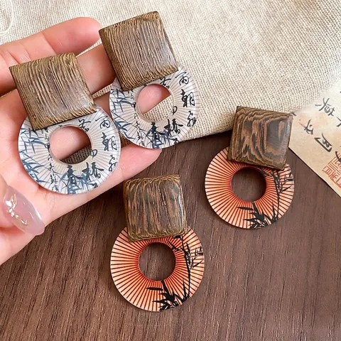 Orecchini Pendenti Orientali Vintage Con Quadrato In Legno E Pendente Rotondo In Resina Stampata 925 Sterling Silver Earring Post Donne