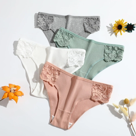 Women Cotton Lace Panties Ribbed Knitted Briefs Breathable Soft Comfort Low Waist Underwear With Lace Trim