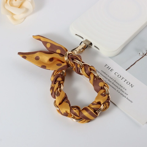 Fashion Silk Scarf Braided Metal Chain Phone Lanyard Anti-Lost Hand Wrist Strap For Women Handbag Accessories Strap