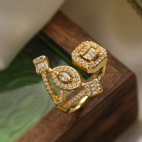 Luxury Gold Plated Copper Zirconia Geometric Open Ring For Women Minimalist Elegant Fashion Jewelry Adjustable Finger Ring