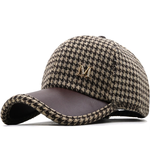 Houndstooth Honkbalpet Met Kunstlederen Rand Strass Metalen Letter M Decor Vintage Britse Stijl Warme Wintermuts