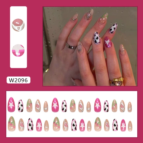 Press On Nägel Mandelform Pink Lila Blumen Sterne Kuhmuster 3D Silber Linien ABS Kunststoff Süß Damen