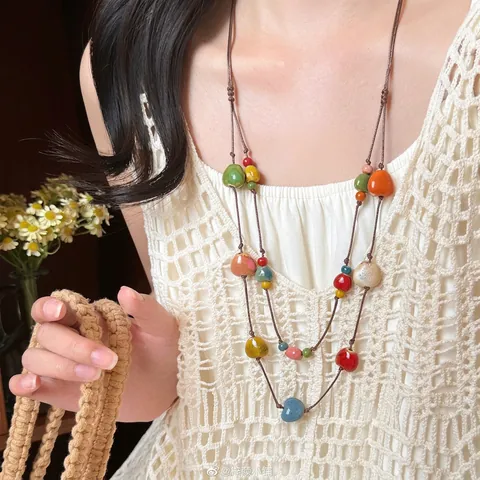 Vintage Ethnic Style Ceramic Beaded Long Necklace Handmade Wax Rope Adjustable Sweater Chain Bohemian Jewelry For Women