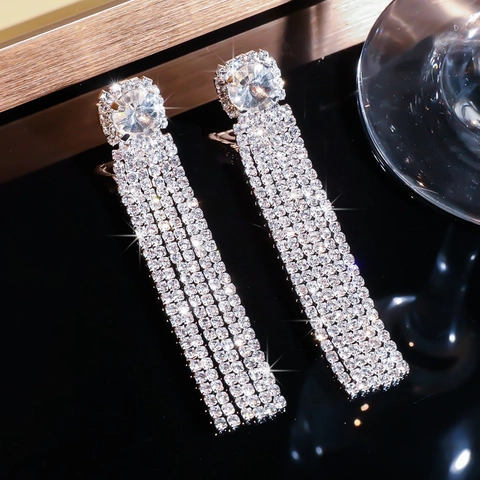 Lange Quasten Ohrringe Strass Zirkon Kupfer Schmuck Mit Edelstahl Ohrstecker Glitzernde Luxus Abend Hochzeit Für Damen