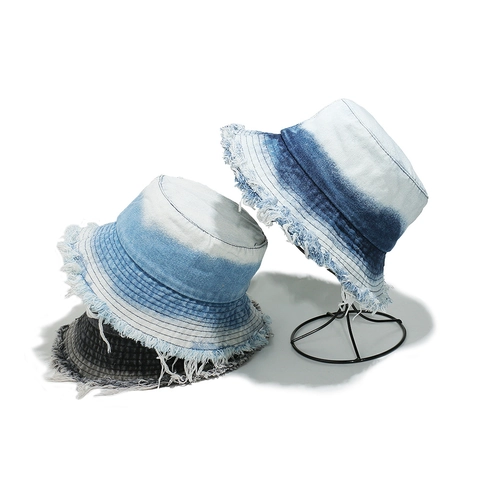 Washed Cotton Denim Bucket Hat Gradient Color Frayed Fringed Edge Vintage Casual Sun Protection For Women