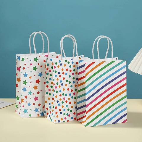 Colorful Paper Gift Bags With Handles Printed Stars Polka Dots Rainbow For Birthday Holiday Party Wrapping