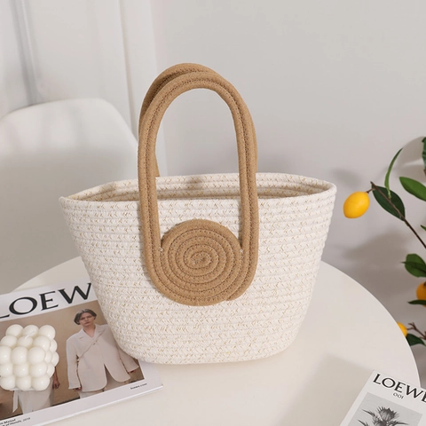 Women Woven Handbag Cotton Rope Straw Tote Bag With Spiral Circular Handle For Beach Vacation Minimalist Daily Casual
