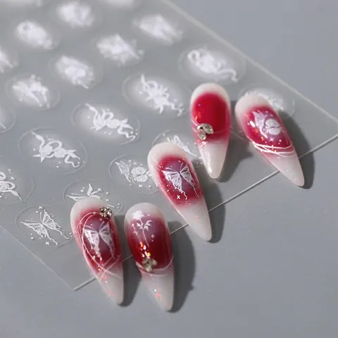Autocollants Art Des Ongles En Relief Serpent Blanc Fleur Papillon Auto-adhésifs Ultra Minces Style Japonais Décoration DIY